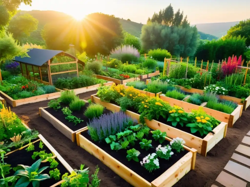 Un jardín de permacultura exuberante y vibrante con camas elevadas llenas de vegetales y hierbas coloridas