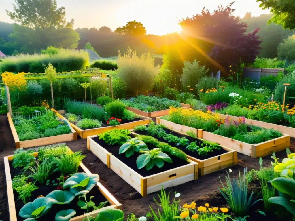 Un jardín de permacultura exuberante y vibrante con camas elevadas llenas de plantas