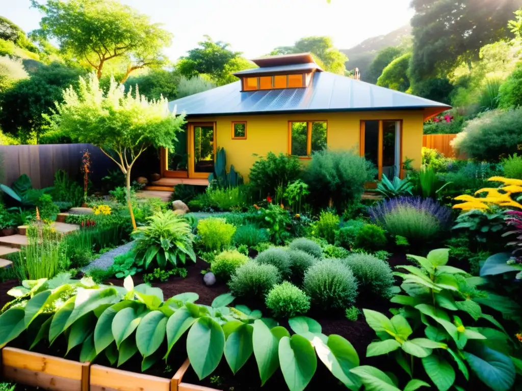 Un jardín de permacultura exuberante y vibrante, con camas elevadas y una pequeña casa de cob