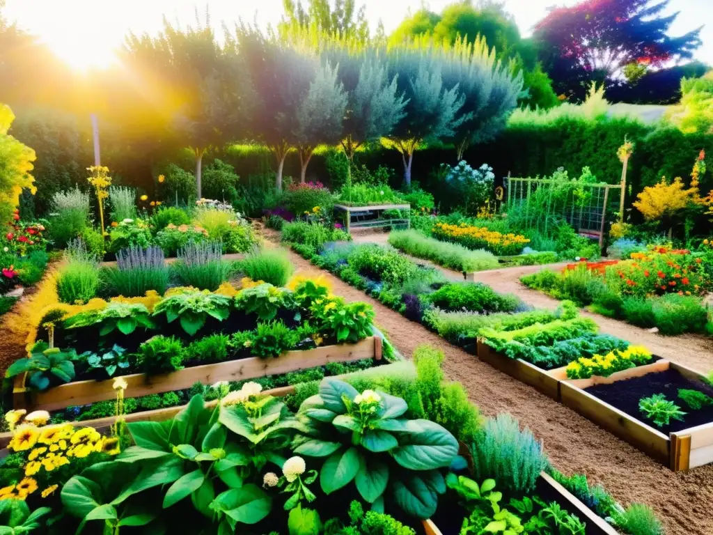 Un jardín de permacultura exuberante y vibrante con camas elevadas ordenadas llenas de una variedad de frutas, verduras y hierbas