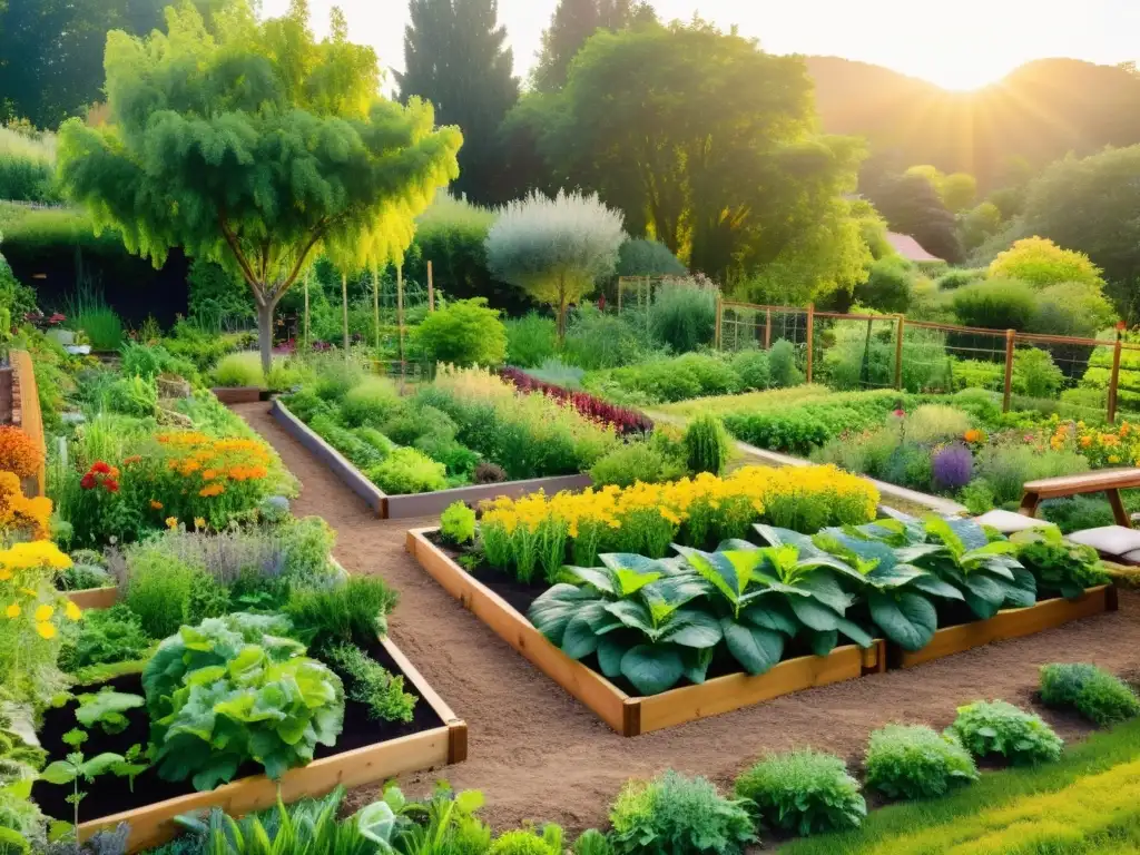 Un jardín de permacultura exuberante y vibrante con cultivos orgánicos sostenibles en armonía con la naturaleza