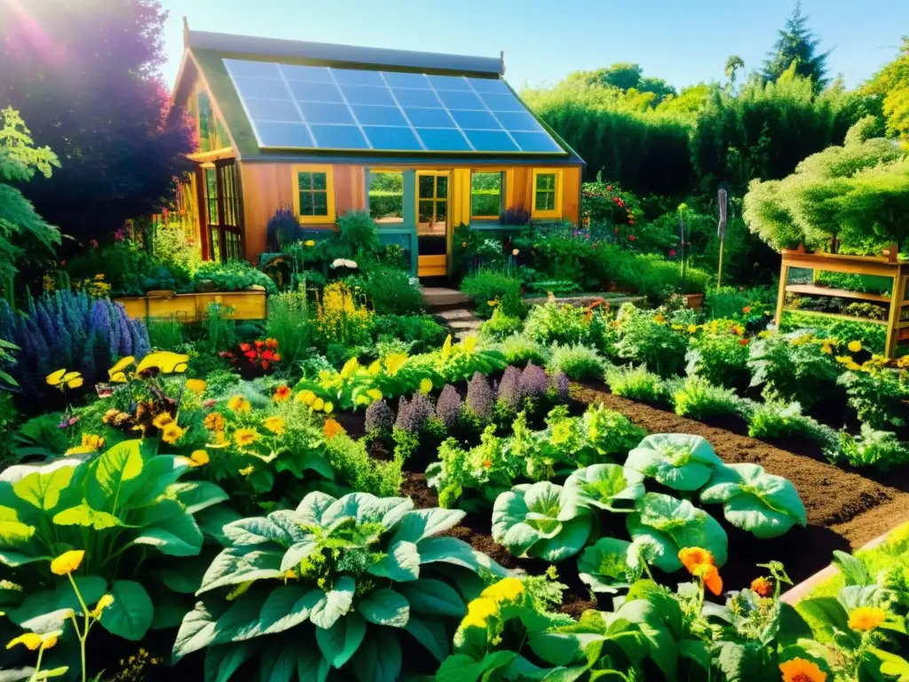 Un jardín de permacultura exuberante y vibrante con diversidad de vegetales, frutas y flores