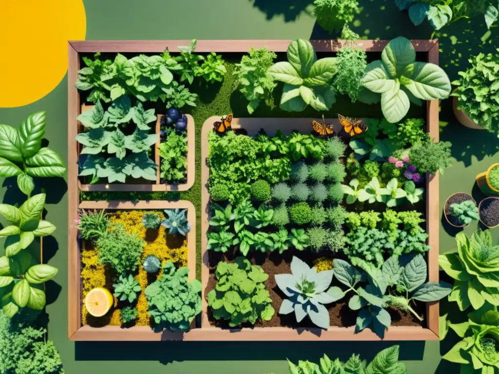 Jardín de permacultura exuberante y vibrante con diversidad de frutas, verduras y hierbas