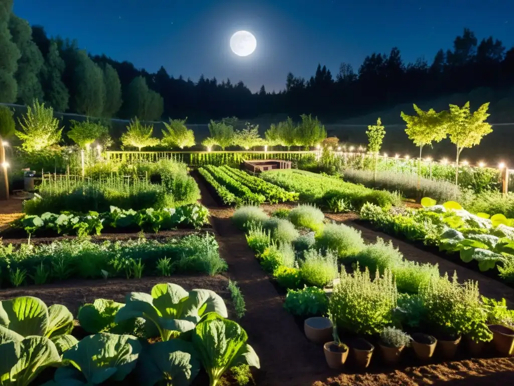 Jardín de permacultura iluminado por la luna llena