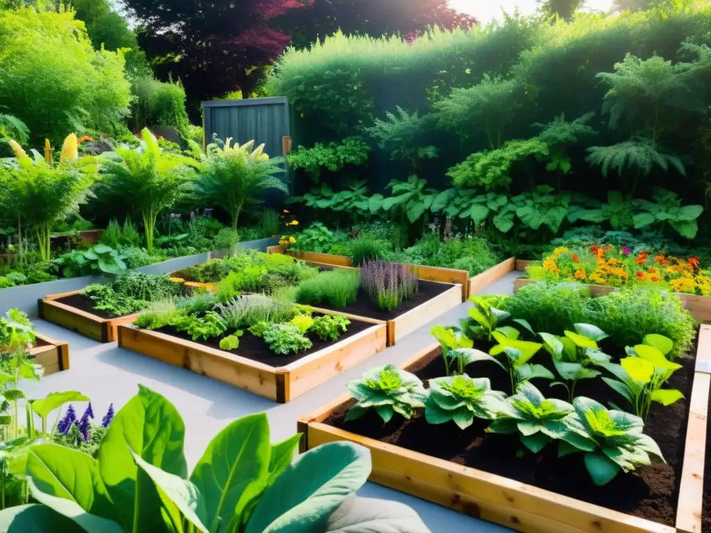 Un jardín de permacultura sereno y exuberante, con camas elevadas de vegetales y hierbas orgánicas