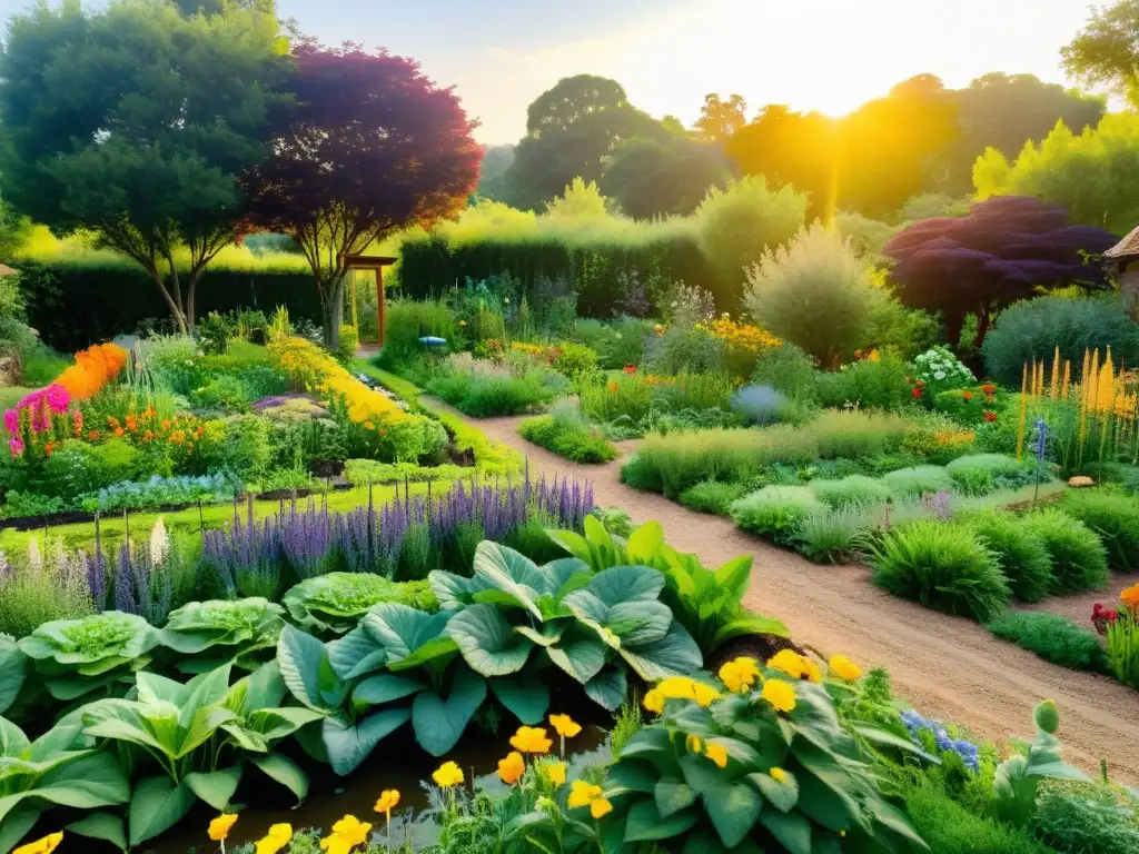 Un jardín de permacultura sereno y exuberante, con hileras ordenadas de vegetales vibrantes y flores coloridas, bajo la luz dorada del sol