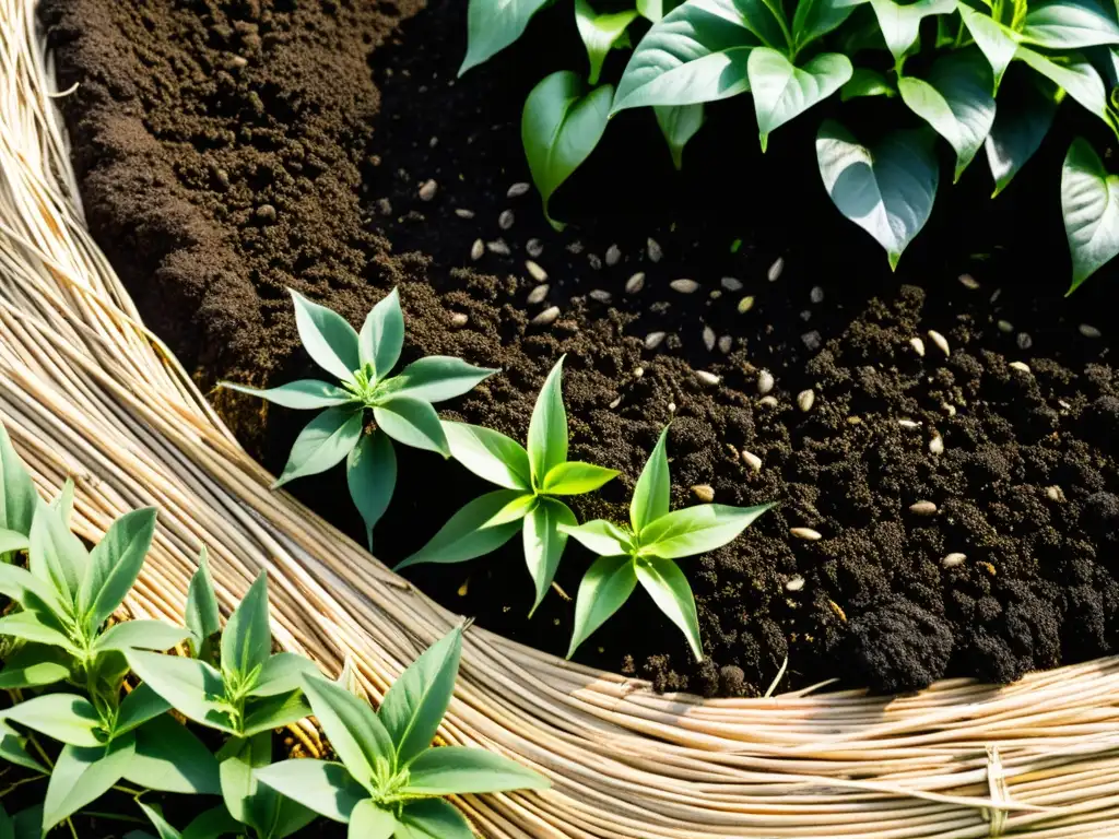 Un jardín de permacultura con técnicas de conservación de humedad en el suelo