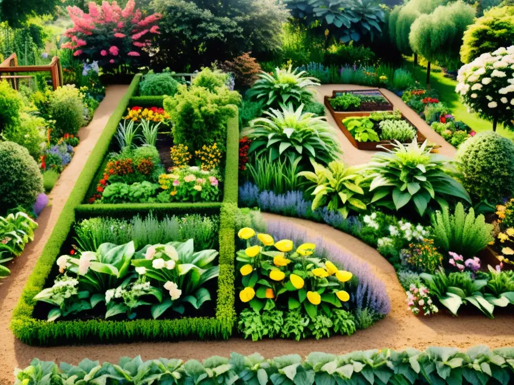 Jardín de permacultura vibrante con diversidad de frutas, verduras y flores