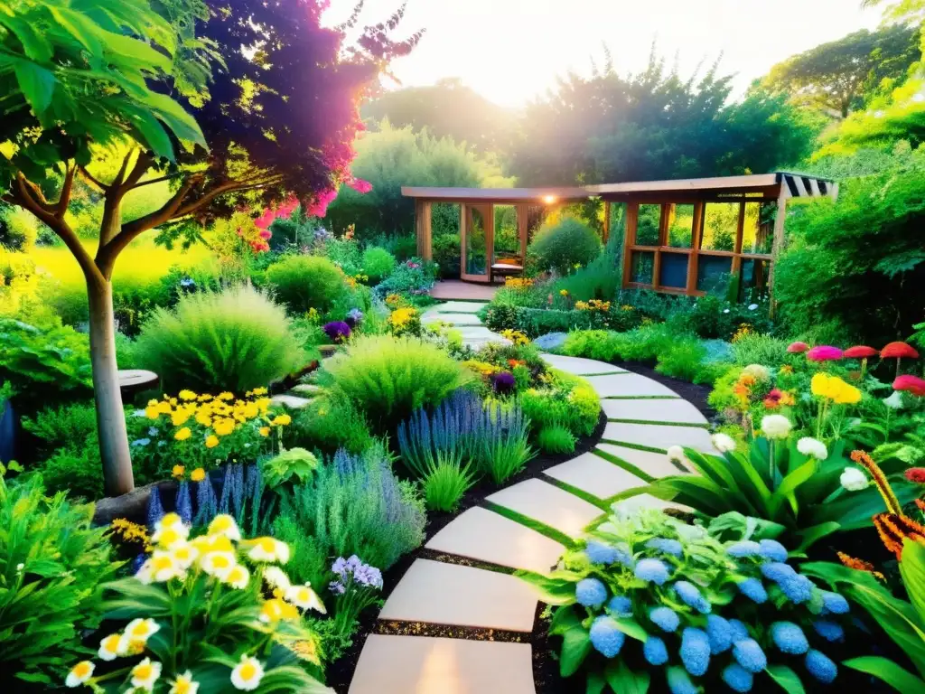 Un jardín de permacultura vibrante y diverso con plantas exuberantes, flores coloridas y huertos prósperos