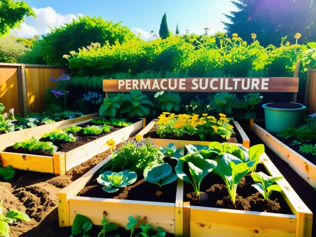 Un jardín de permacultura vibrante con vegetales verdes exuberantes, frutas coloridas y flores