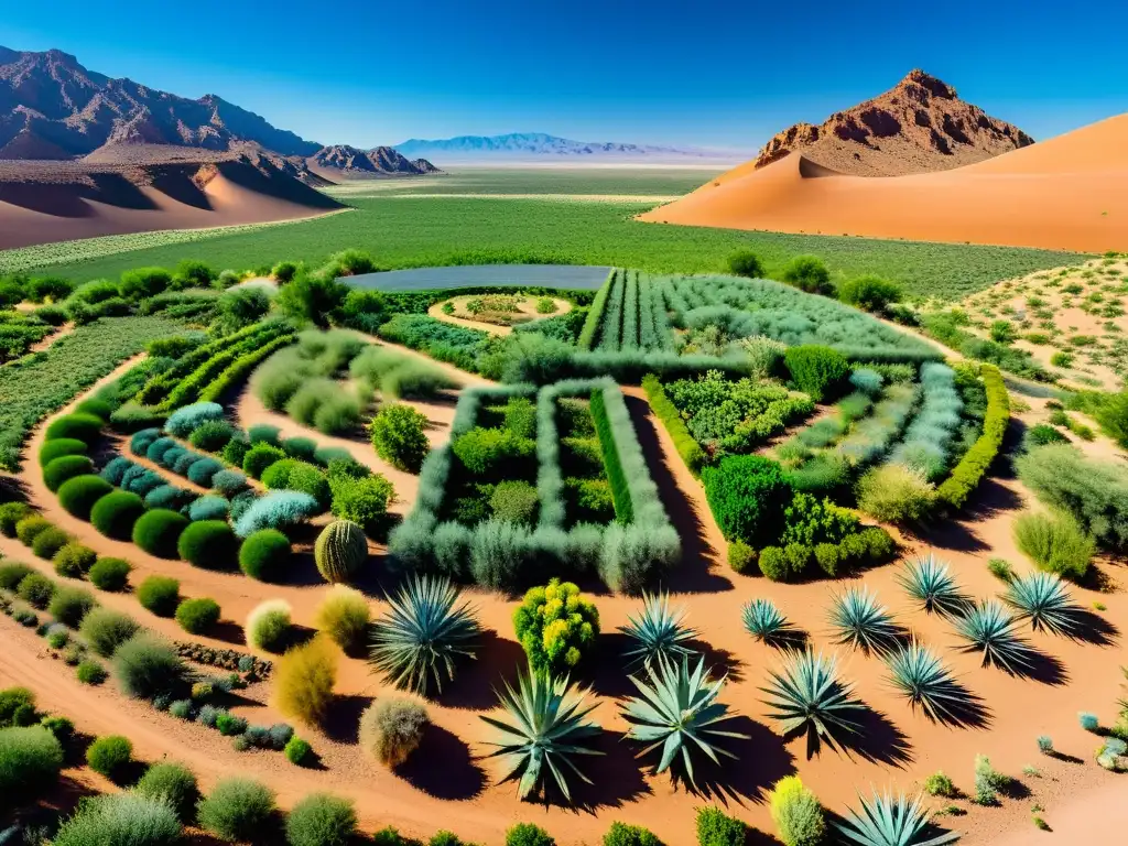 Jardín de permacultura en zona árida con cultivos orgánicos floreciendo en paisaje desértico