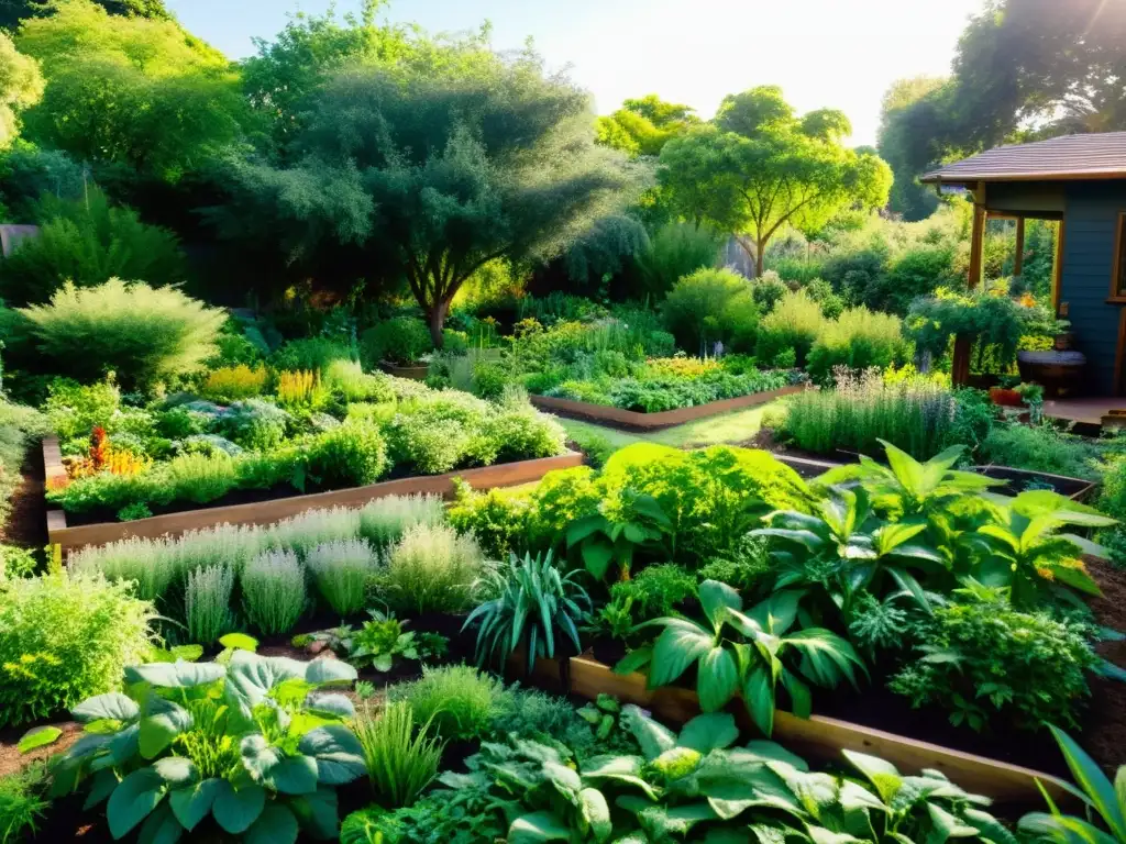 Un jardín permacultural exuberante y biodiverso, con camas elevadas ordenadas y una variedad de plantas