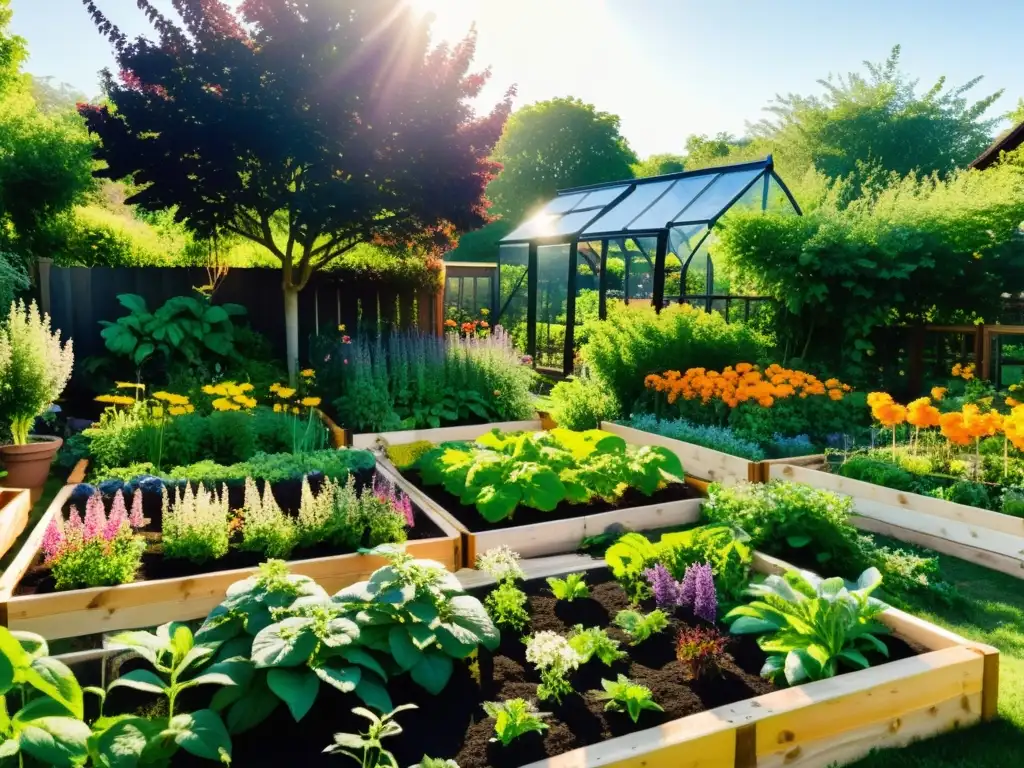 Un jardín permacultural exuberante y vibrante con camas elevadas ordenadas rebosantes de una diversidad de verduras, hierbas y flores