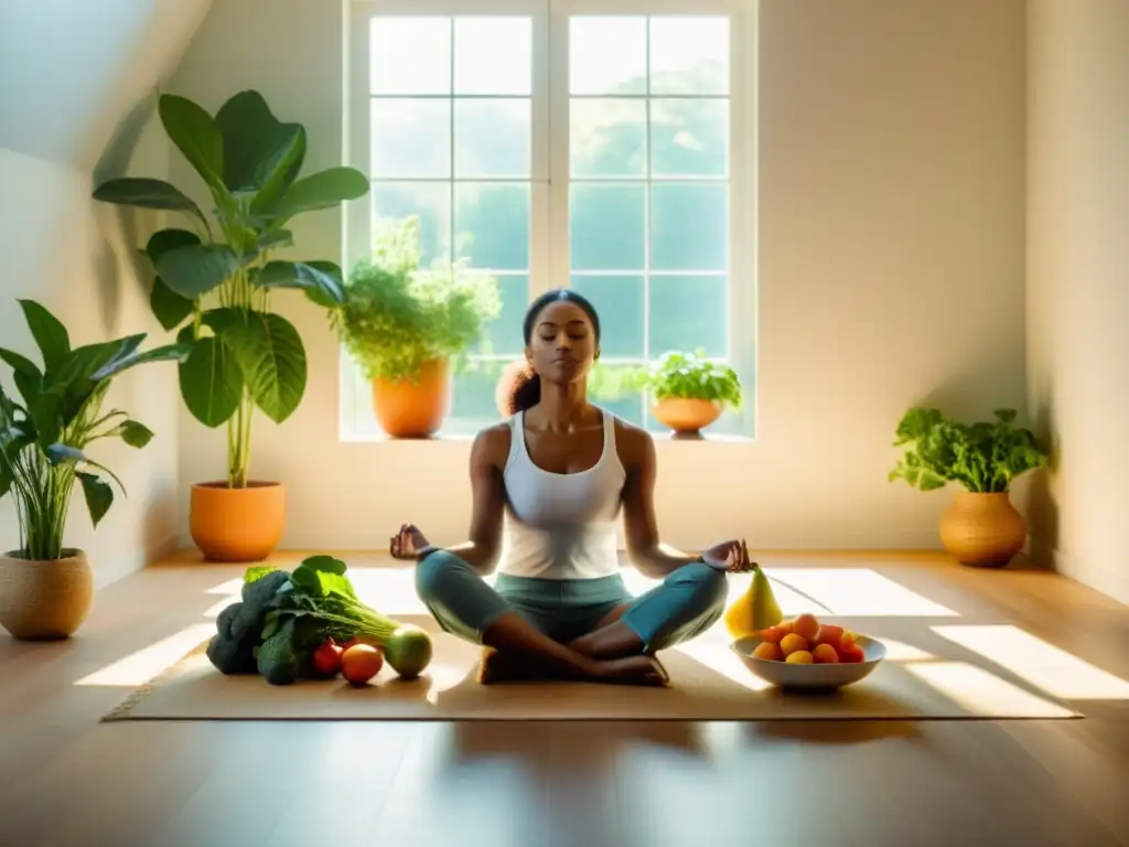 Persona disfrutando de alimentos orgánicos en un ambiente sereno y soleado, destacando los efectos psicológicos del consumo de alimentos orgánicos