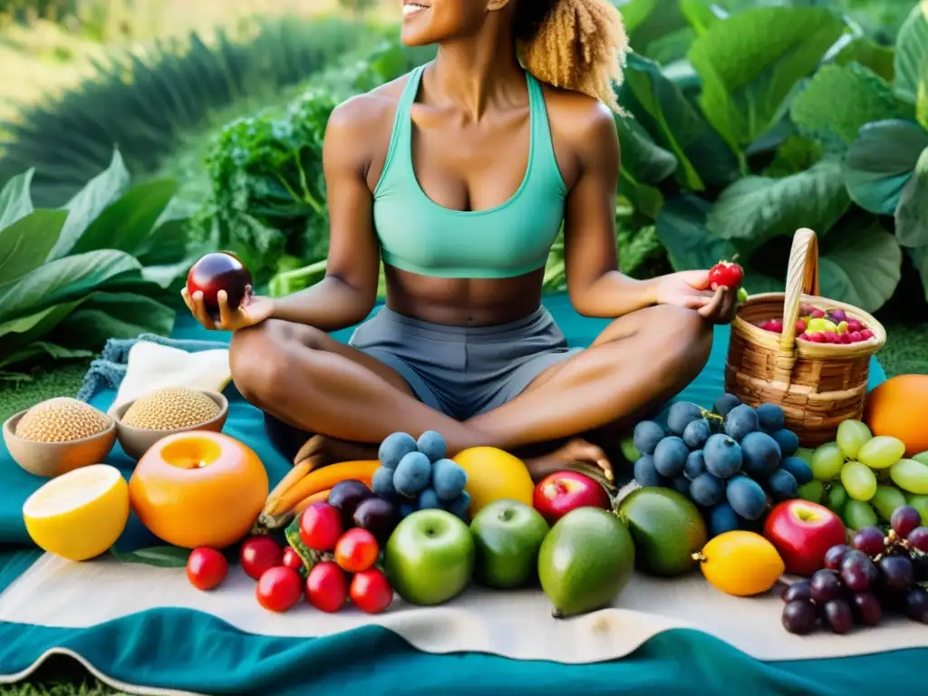 Persona disfrutando de alimentos orgánicos en armonía con la naturaleza, conectando con sus efectos psicológicos