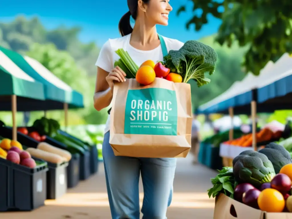 Persona sosteniendo bolsa de alimentos orgánicos en mercado ecofriendly, reduciendo huella de impacto de alimentos procesados