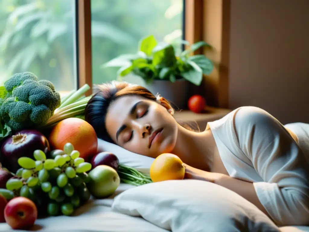 Una persona duerme pacíficamente en una cama acogedora rodeada de frutas y verduras orgánicas, con luz natural suave