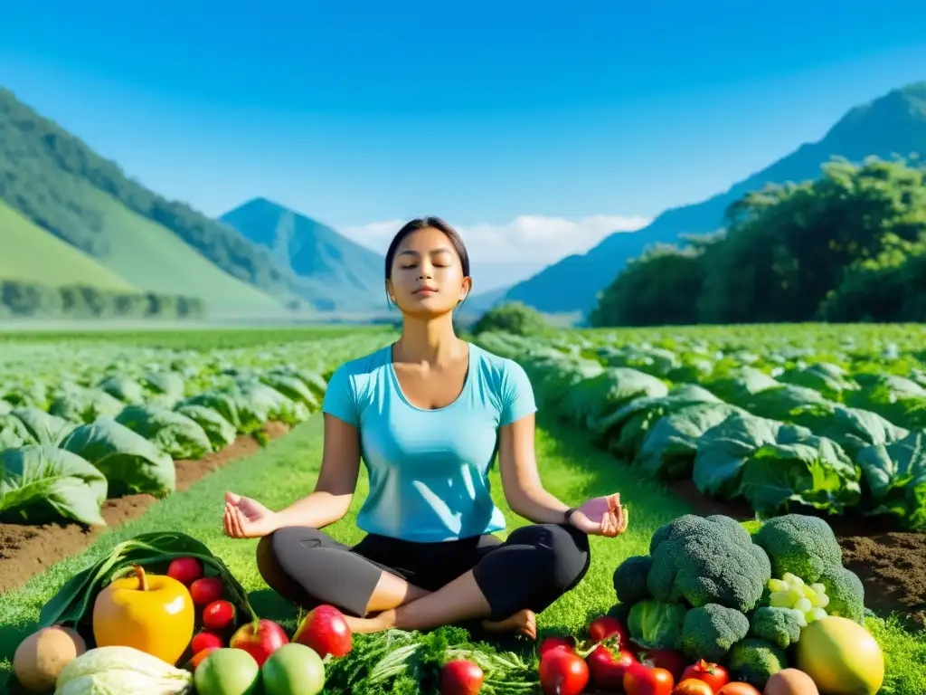 Persona meditando en campo con frutas y verduras orgánicas, simbolizando beneficios alimentos orgánicos manejo estrés