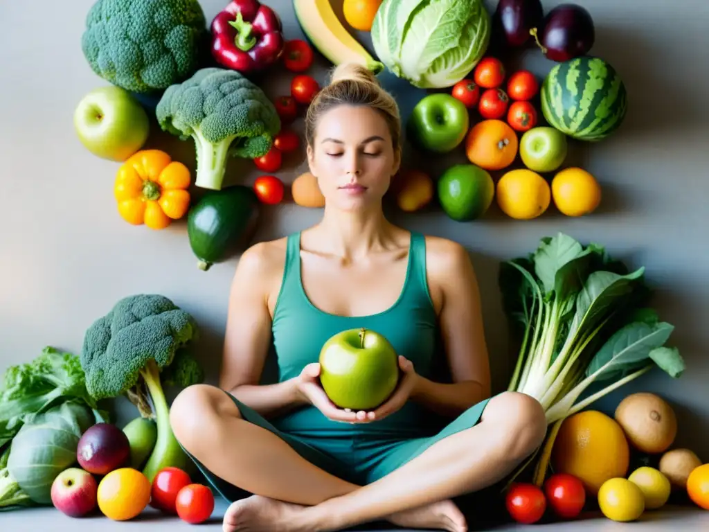 Persona practicando alimentación consciente entre frutas y verduras orgánicas, iluminada por luz natural