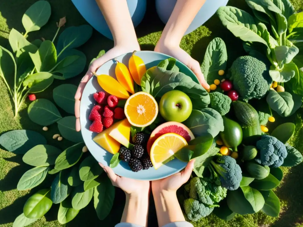 Persona disfrutando de una dieta orgánica para la salud mental en un campo con frutas y vegetales coloridos