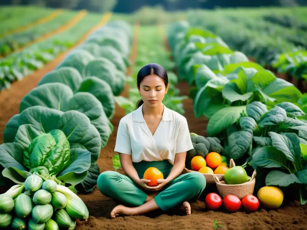 Persona meditando en granja orgánica, rodeada de frutas y verduras, transmitiendo paz