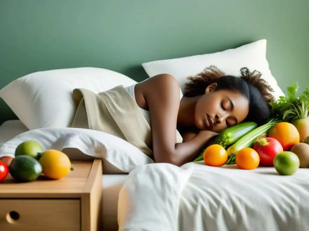 Persona durmiendo pacíficamente junto a una mesa con frutas y verduras orgánicas, creando una atmósfera tranquila y saludable