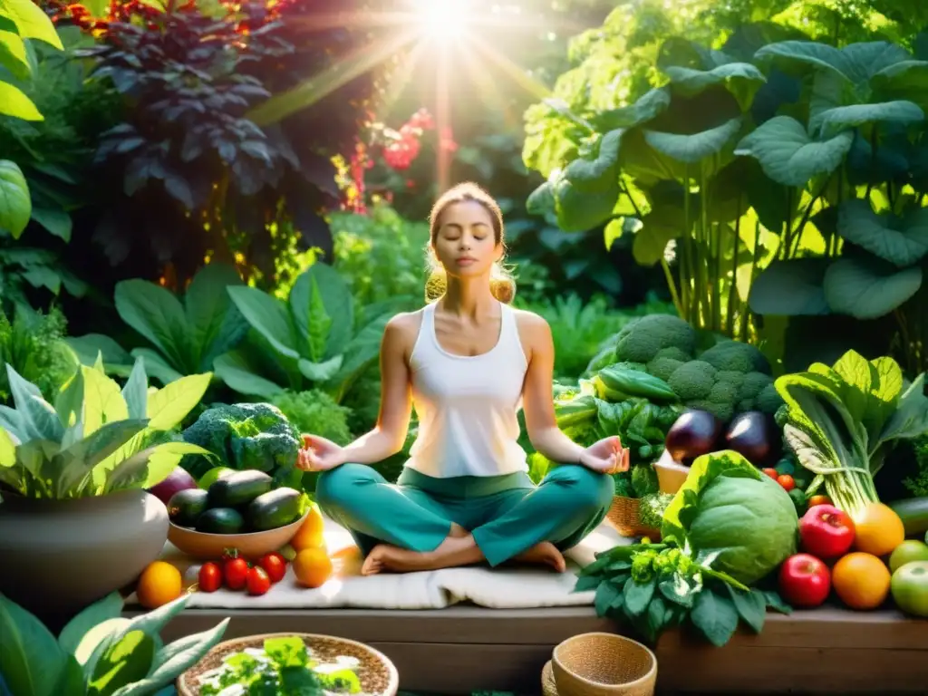 Persona meditando en un jardín orgánico, creando conexión entre bienestar y orgánicos en armonía con la naturaleza