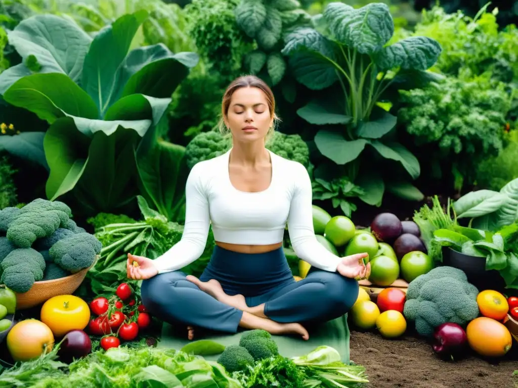 Persona meditando en un jardín orgánico rodeado de frutas y verduras, evocando un vínculo positivo entre alimentos orgánicos y salud mental