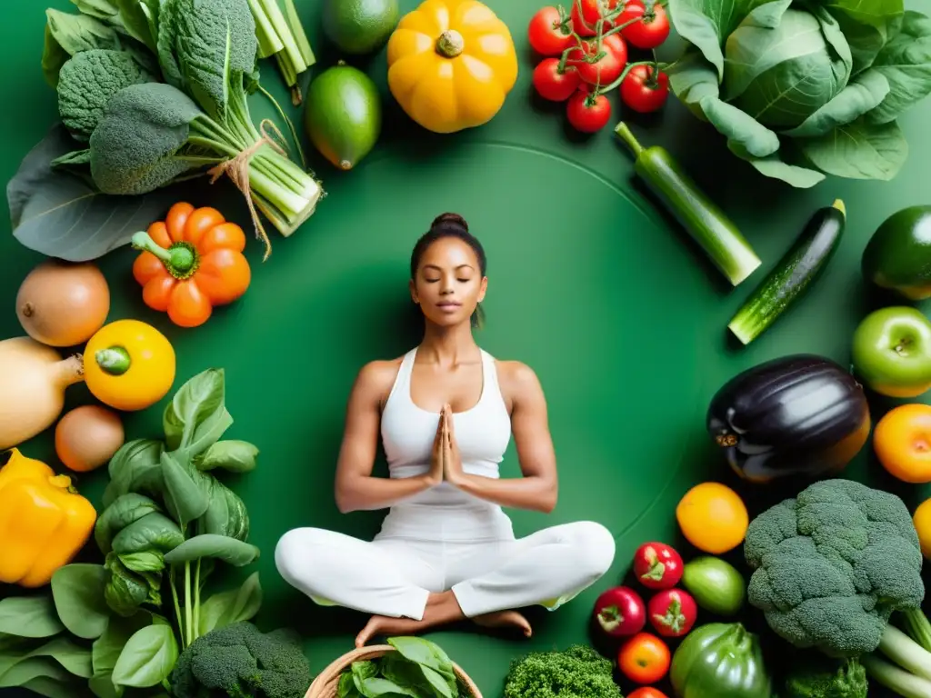 Una persona en pose de yoga rodeada de vegetales y frutas frescas, creando una conexión entre bienestar y orgánicos