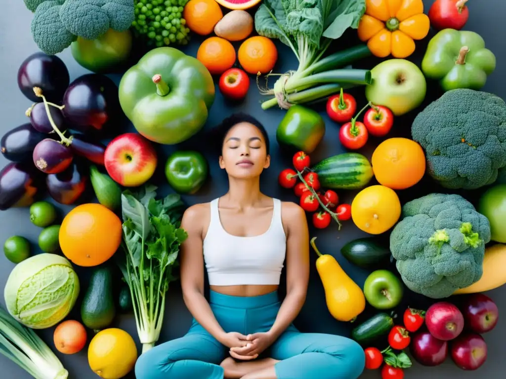 Persona en meditación rodeada de frutas y verduras orgánicas, reflejando los efectos psicológicos del consumo alimentos orgánicos