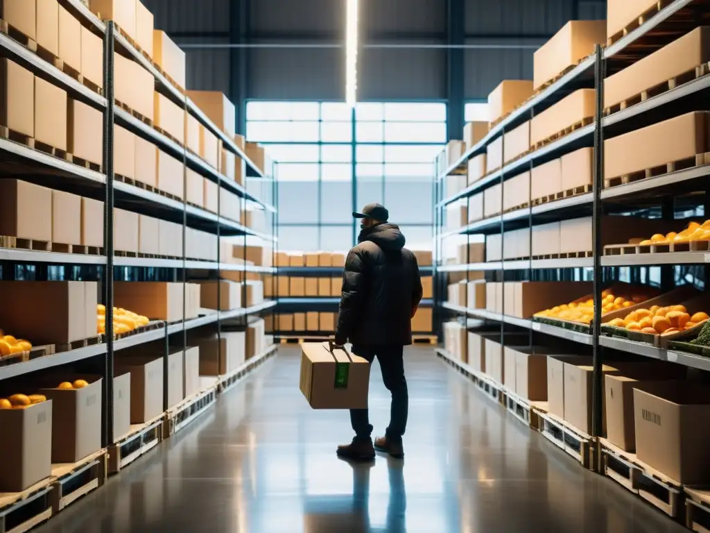 Persona solitaria en almacén moderno, rodeada de cajas de productos orgánicos