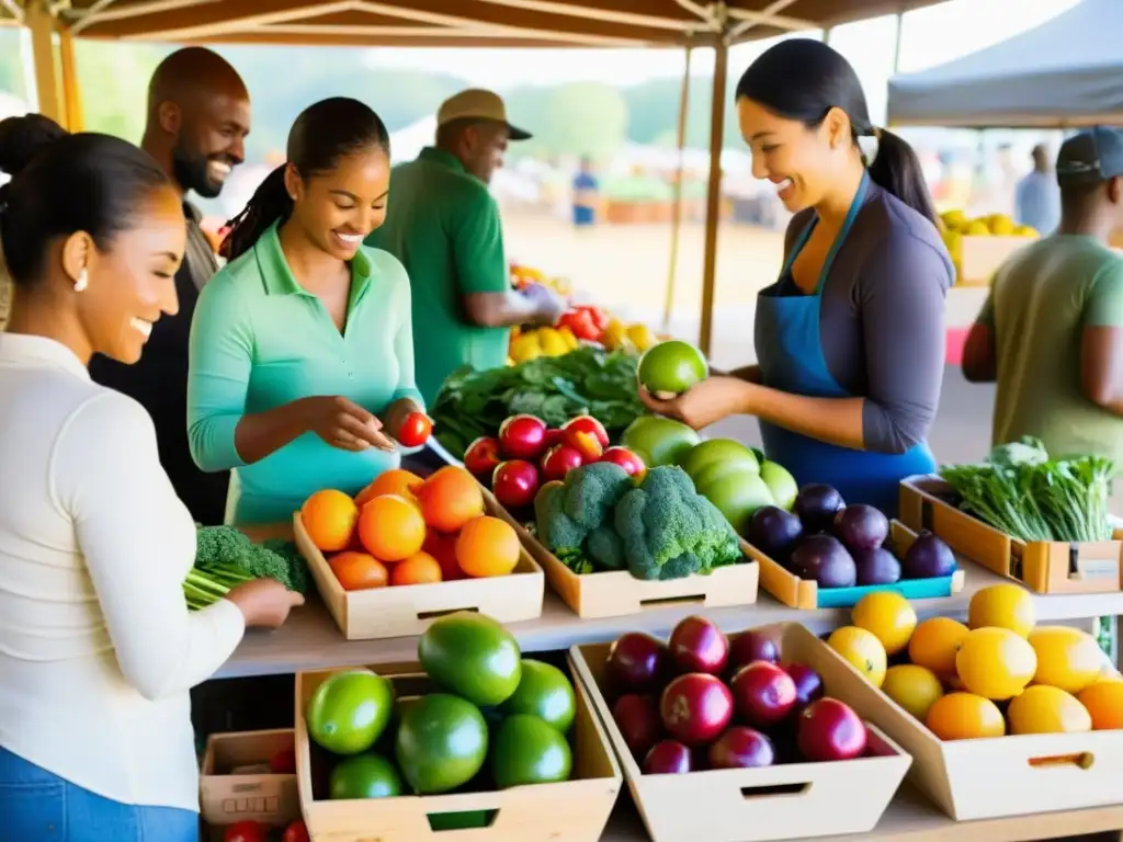 Personas diversas exploran frutas y verduras en un mercado campesino, irradiando comunidad y sostenibilidad