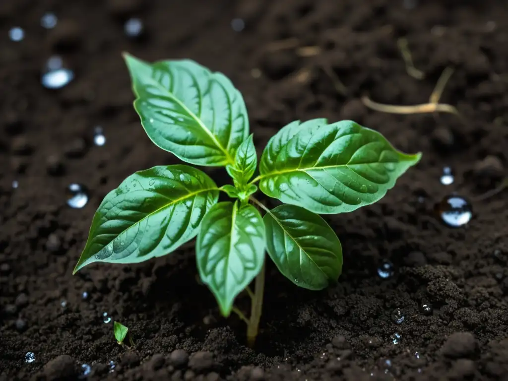 Planta de albahaca verde vibrante en tierra oscura, con gotas de agua brillantes