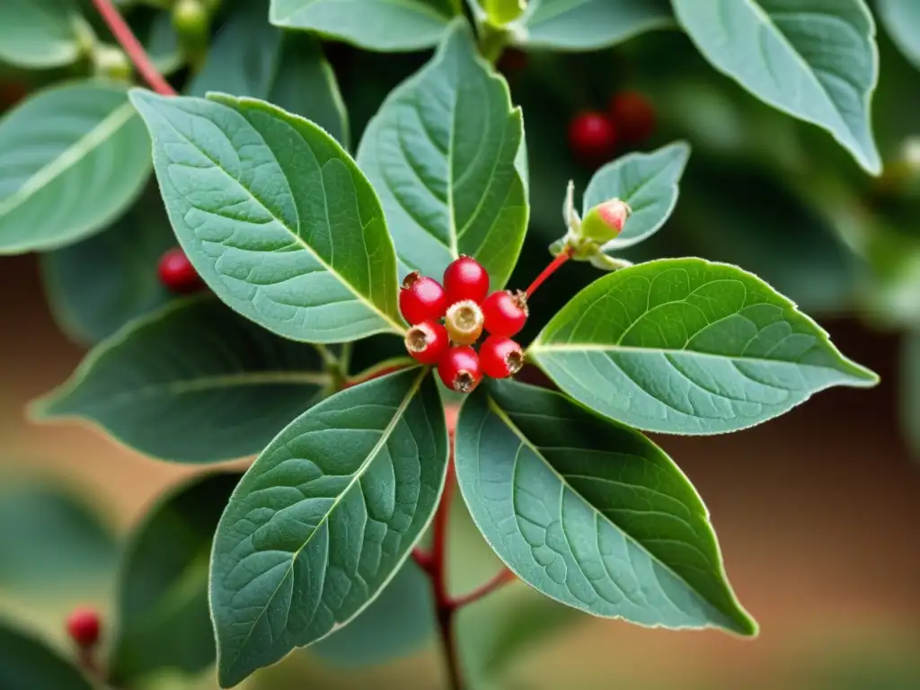 Planta orgánica de Ashwagandha con bayas rojas, destacando su belleza natural y beneficios para el estrés