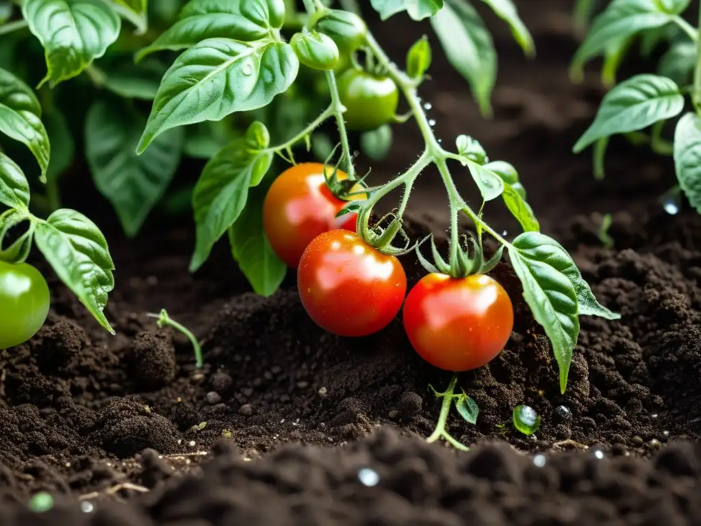 Planta de tomate orgánico saludable en suelo oscuro con frutos maduros y hojas exuberantes