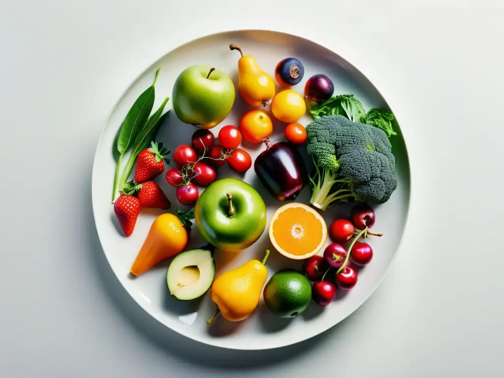 Plato de alimentos orgánicos frescos y coloridos dispuestos en círculo sobre fondo blanco, transmitiendo vitalidad y salud