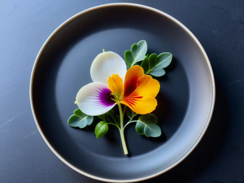 Un plato blanco impecable con una exquisita y colorida presentación de ingredientes orgánicos, en un ambiente minimalista de alta gama