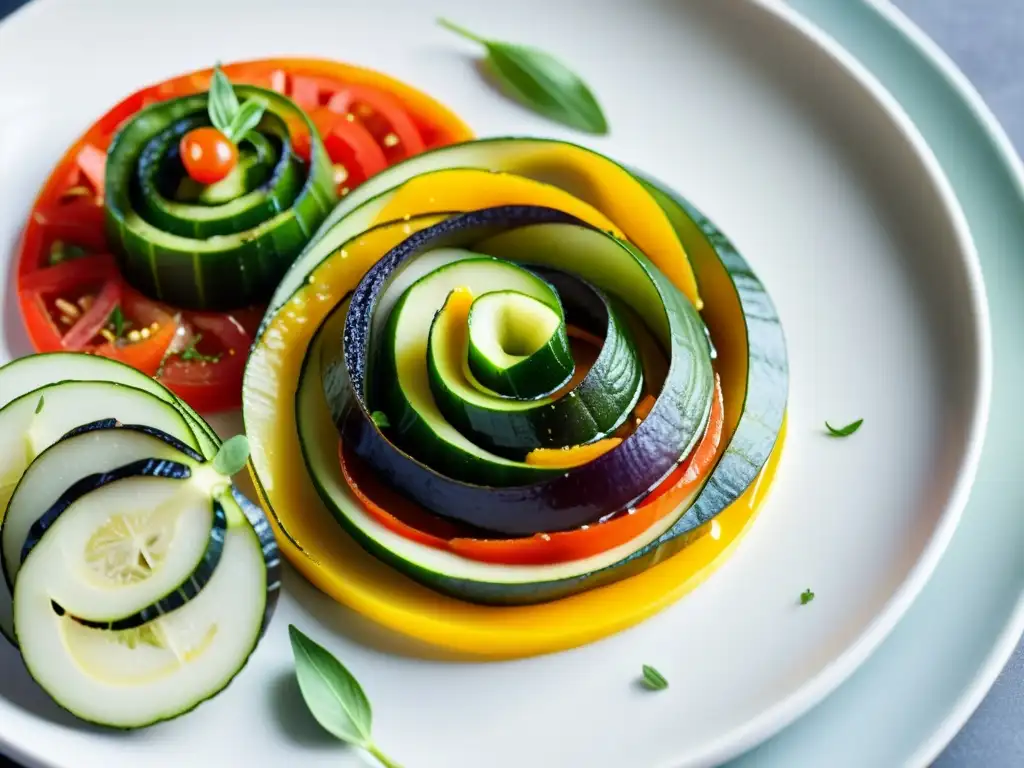 Un plato blanco minimalista con una exquisita ratatouille orgánica y natural, con verduras frescas y coloridas en una presentación cuidadosa