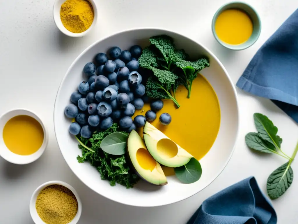 Un plato blanco con vibrantes arándanos, hojas verdes de kale, aguacate maduro y cúrcuma en polvo