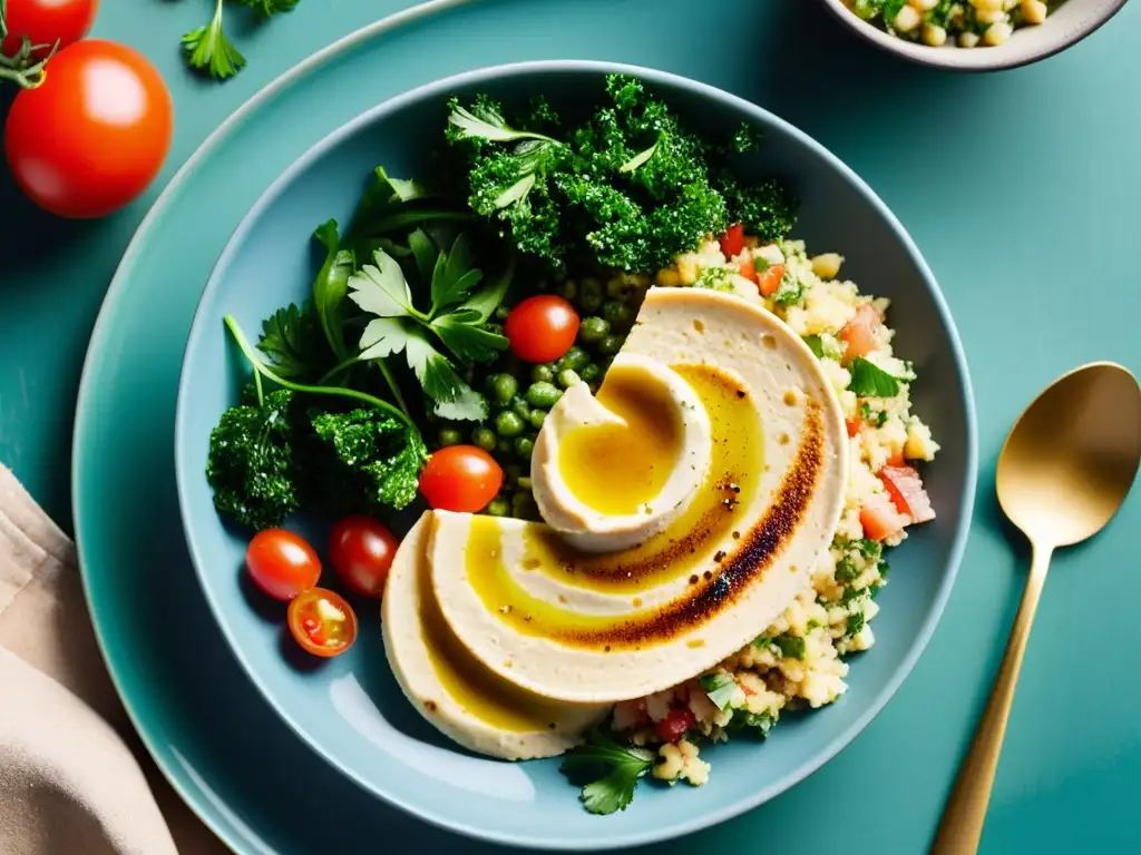 Un plato de hummus y tabbouleh, con vegetales frescos y aceite de oliva, en un escenario de cocina árabe orgánica recetas