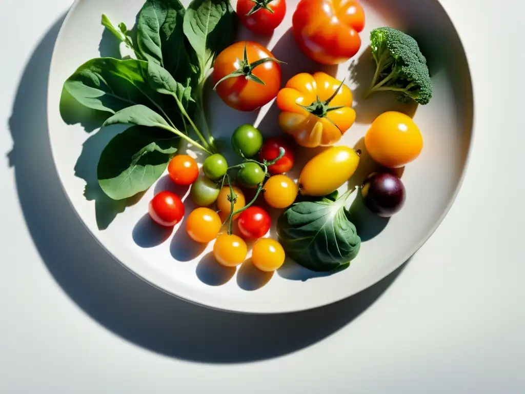 Plato minimalista de verduras orgánicas, vibrantes tomates heirloom, hojas verdes crujientes y vegetales de raíz, presentados de forma artística