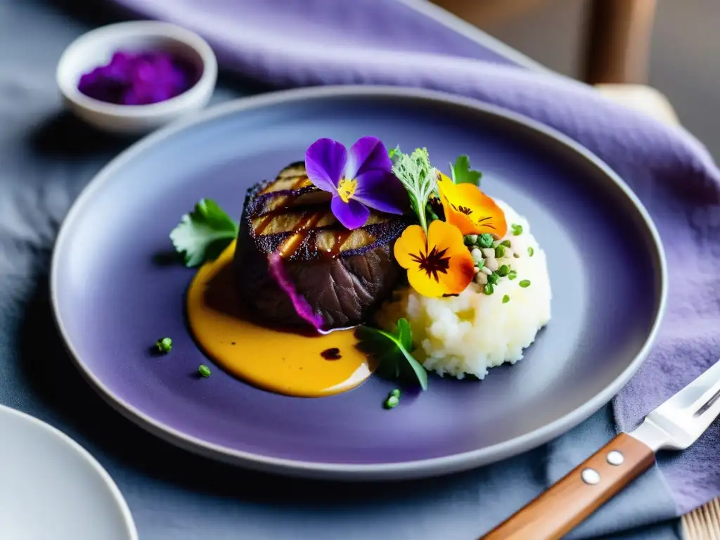 Plato peruano orgánico con puré de papas moradas y filete de alpaca, en elegante presentación