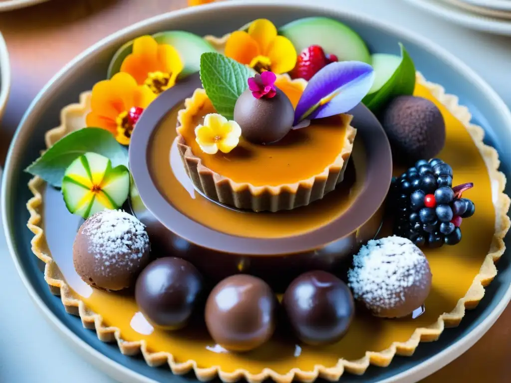 Plato de postres mexicanos orgánicos con trufas de chocolate, flan y tarta de frutas