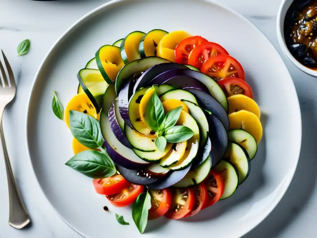 Plato principal vegano orgánico de ratatouille con verduras frescas en capas, decorado con albahaca y glaseado balsámico en un plato blanco