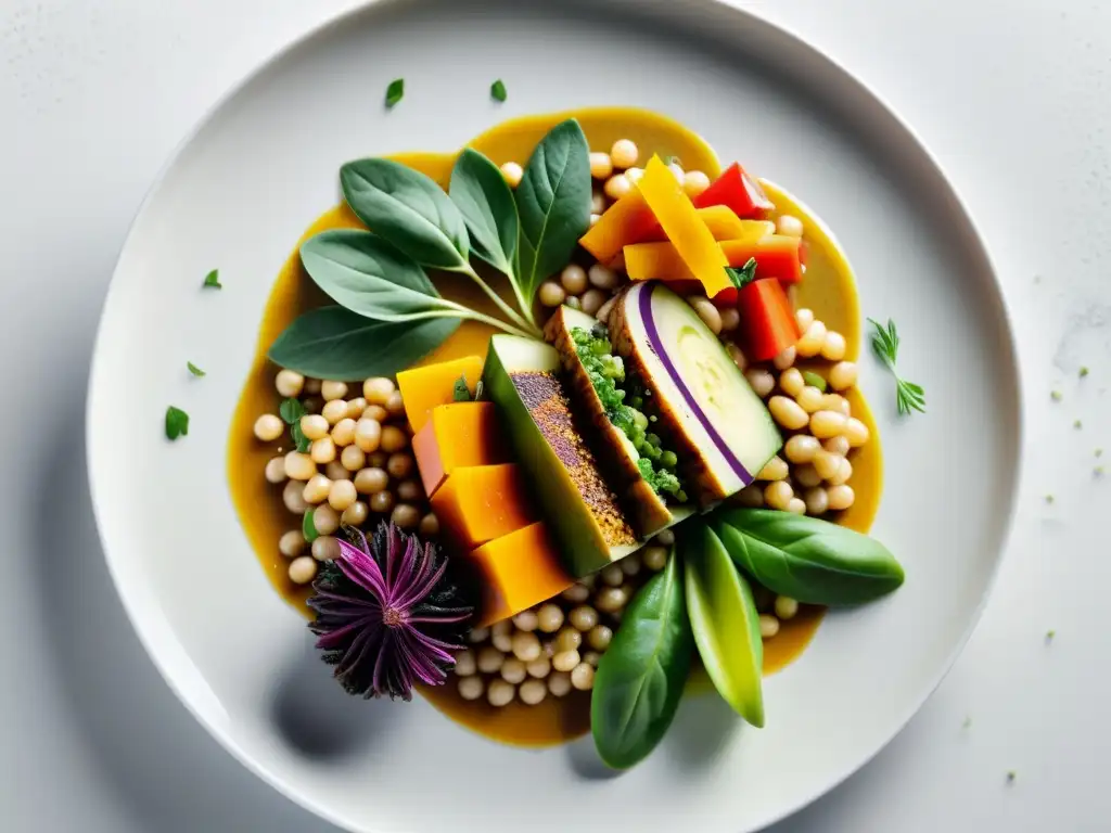 Plato principal vegano orgánico exquisitamente presentado con vegetales y granos, en un fondo blanco