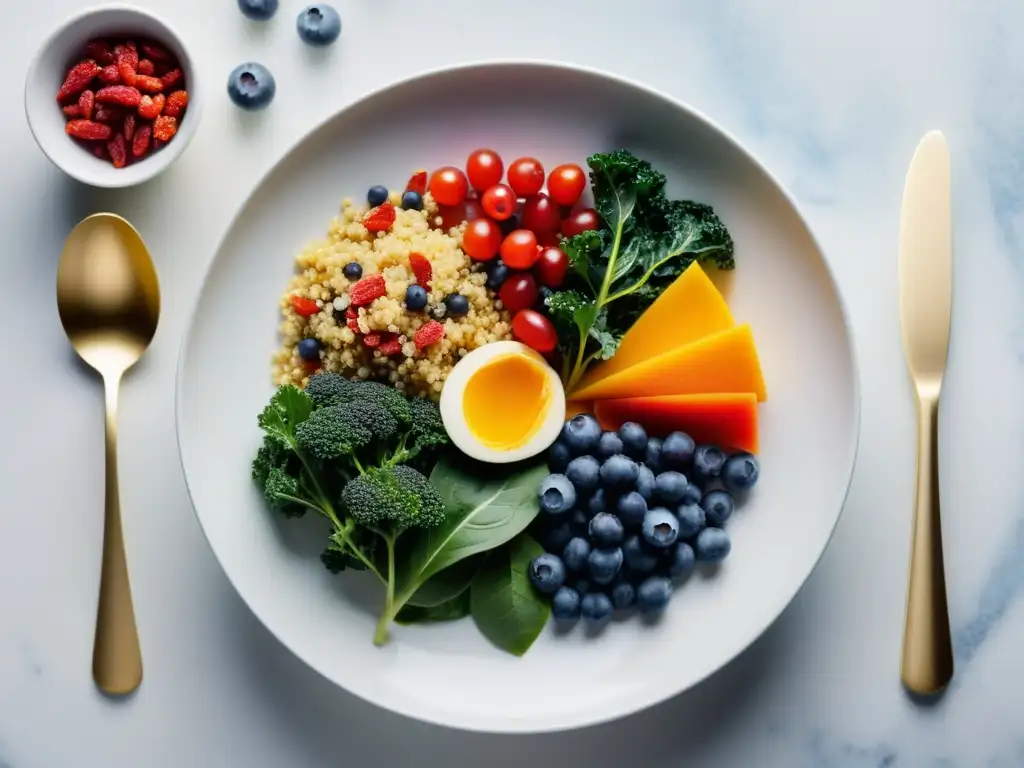 Plato de superalimentos coloridos y frescos en presentación artística