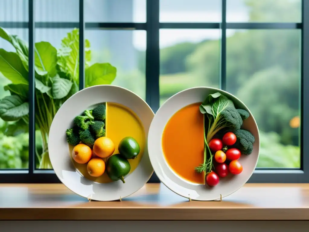 Dos platos con alimentos: uno orgánico rodeado de naturaleza, el otro convencional en un entorno industrial