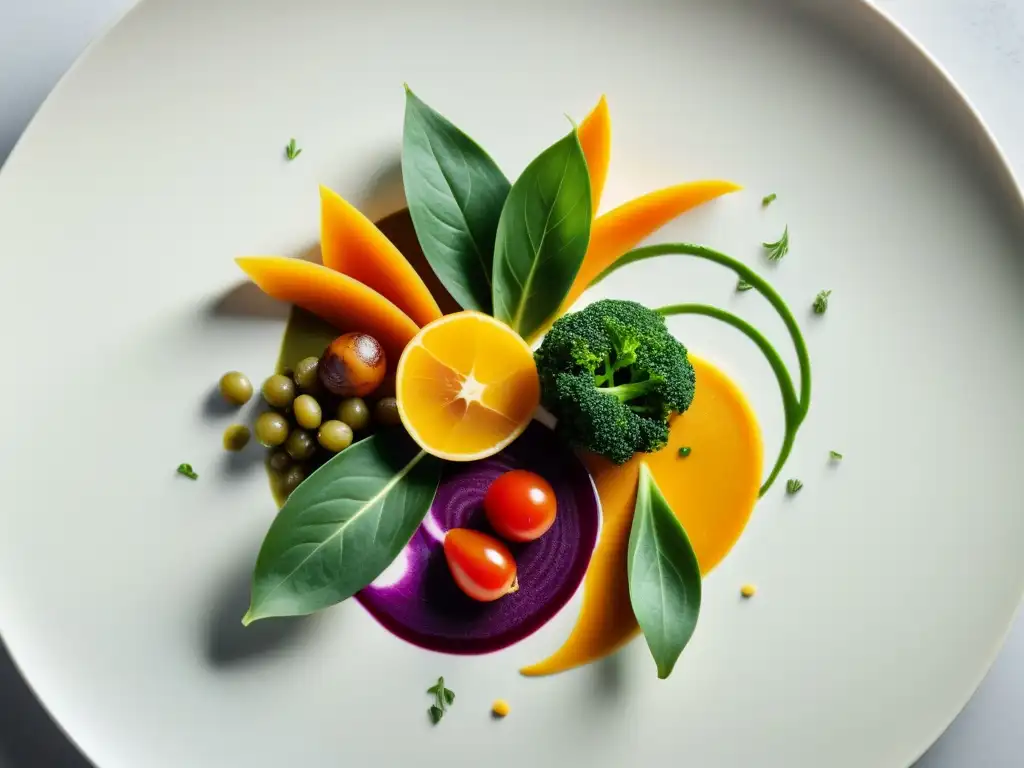 Platos orgánicos de cocina vegana internacional: una presentación artística y colorida de vegetales frescos en un elegante y minimalista plato