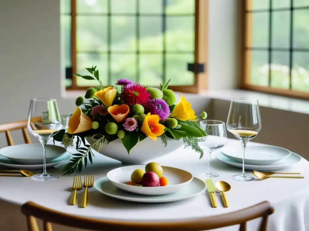 Platos orgánicos para fiestas deliciosos en mesa elegante con vajilla blanca y arreglos florales exquisitos