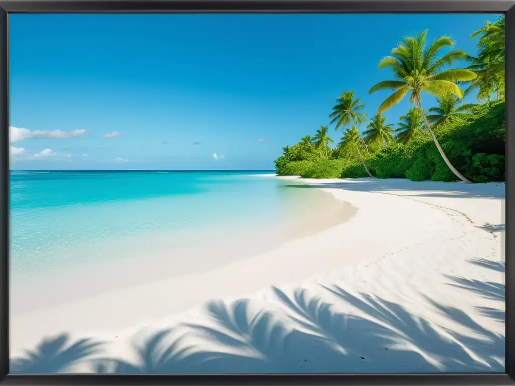 Una playa caribeña serena con arena blanca, aguas turquesas y palmeras, evocando la receta de arroz con coco orgánico